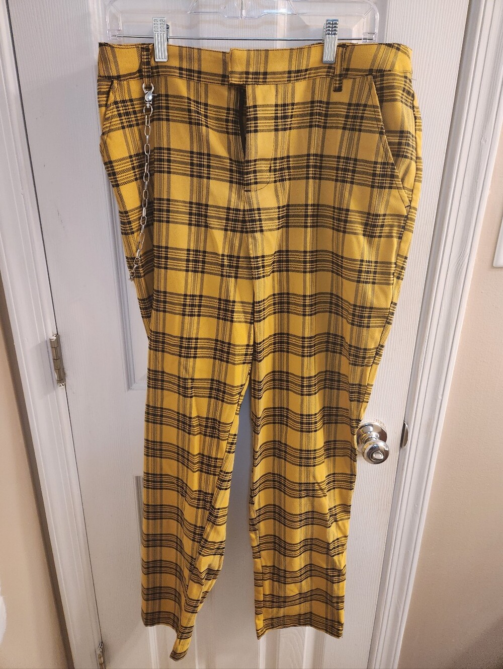 Yellow & Black Plaid Pants with Chain Detail